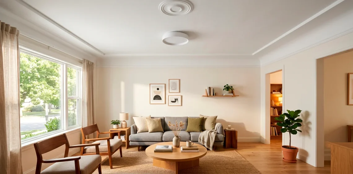 Freshly painted crisp white ceiling in a small modern living room