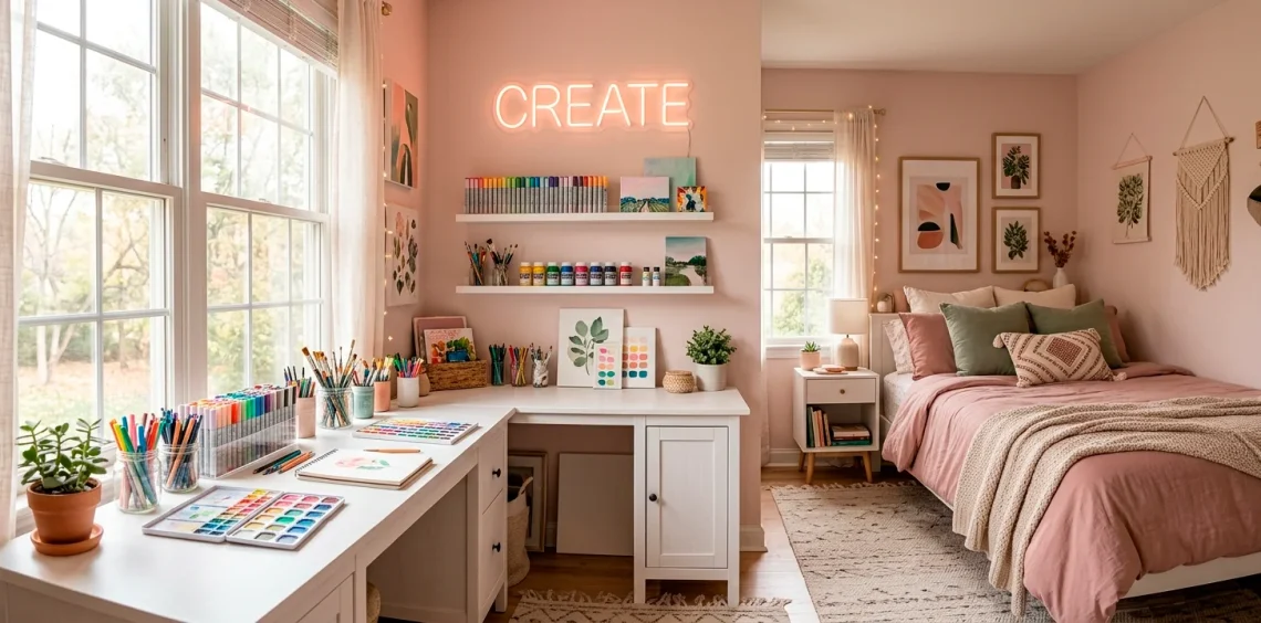 Bright and colorful craft corner in a girl's bedroom featuring a white wooden desk and organized art supplies.