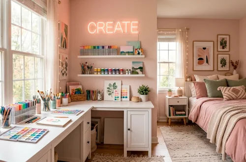 Bright and colorful craft corner in a girl's bedroom featuring a white wooden desk and organized art supplies.