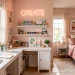 Bright and colorful craft corner in a girl's bedroom featuring a white wooden desk and organized art supplies.