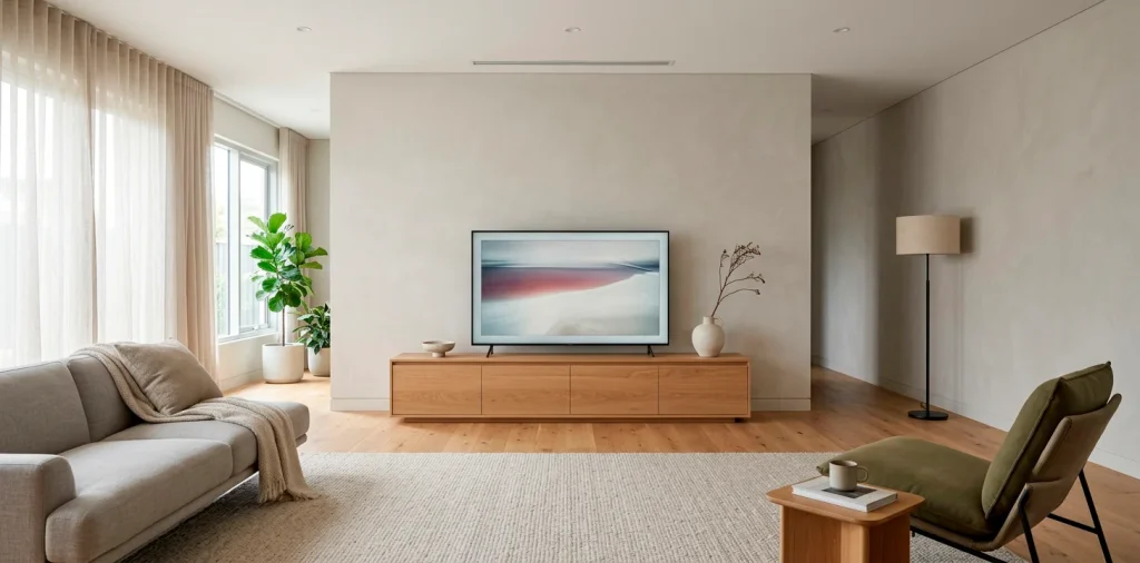 Clean modern living room featuring a low-profile minimalist wooden TV stand under a wall-mounted flat screen.