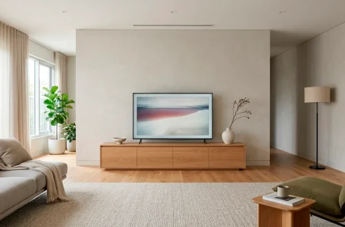 Clean modern living room featuring a low-profile minimalist wooden TV stand under a wall-mounted flat screen.