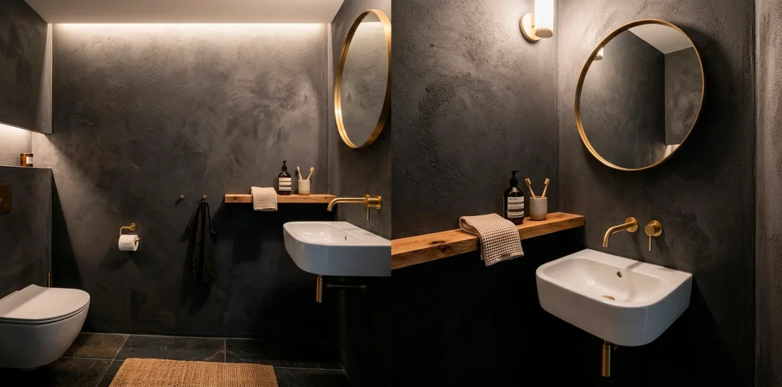 Wide view of a modern tiny powder room featuring a smart corner sink and warm brass fixtures.