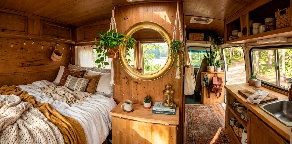 Bright and airy camper van interior featuring a large round brass mirror reflecting sunlight