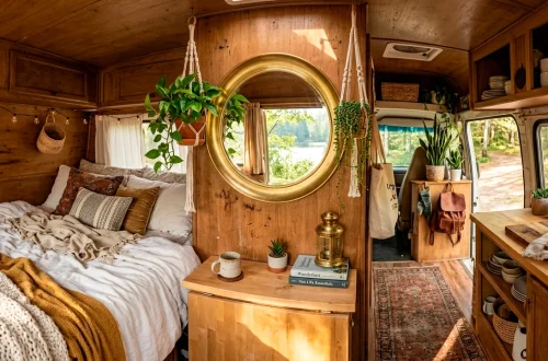 Bright and airy camper van interior featuring a large round brass mirror reflecting sunlight