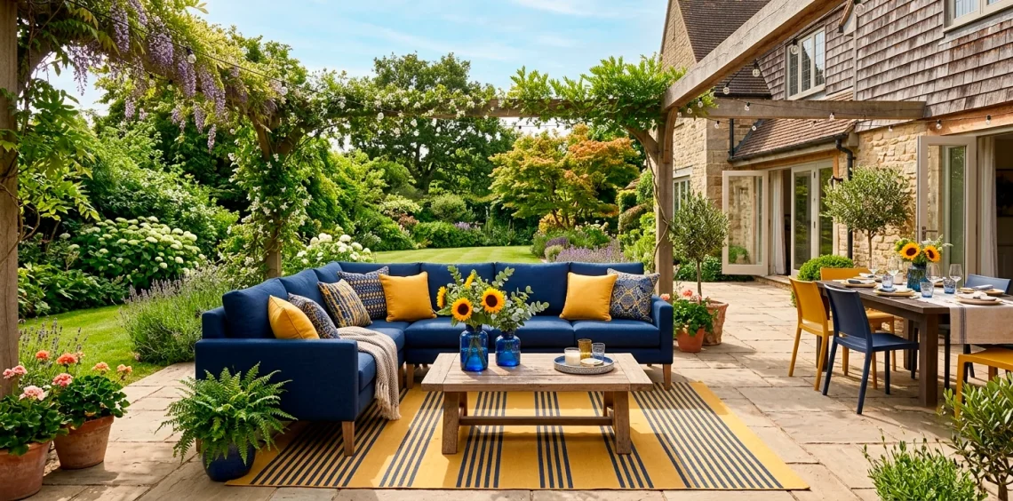 Sophisticated Memorial Day patio featuring a navy sofa, mustard yellow pillows, cobalt blue vases, and vibrant summer decor.