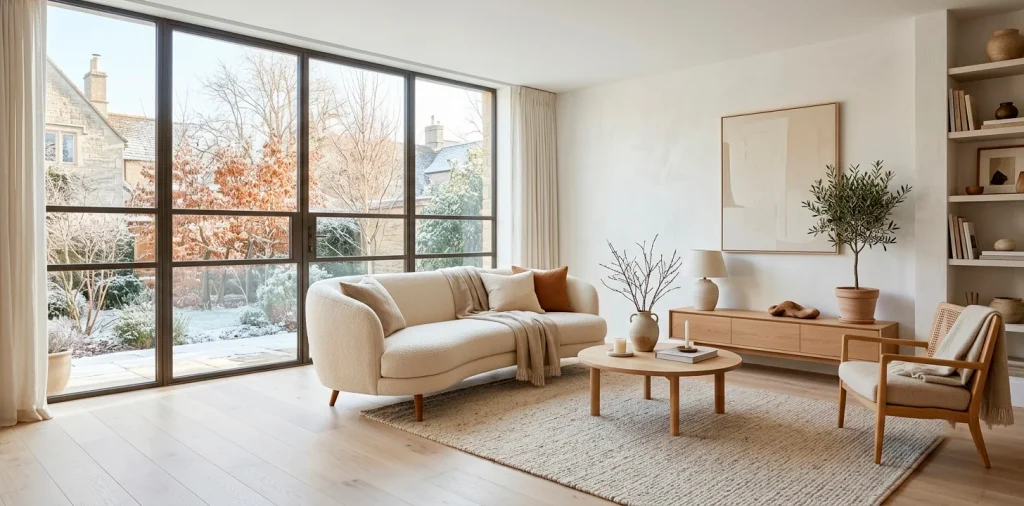 Bright clean January interior featuring white oak floors, white walls, and a cozy cream sofa with wooden legs