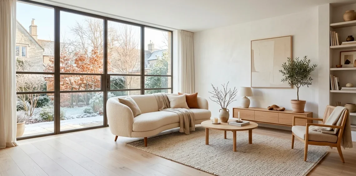 Bright clean January interior featuring white oak floors, white walls, and a cozy cream sofa with wooden legs