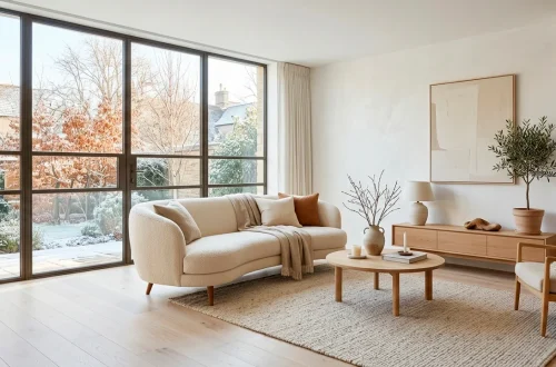 Bright clean January interior featuring white oak floors, white walls, and a cozy cream sofa with wooden legs