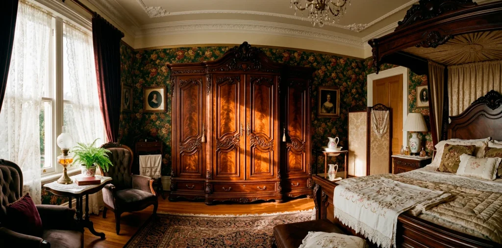 Large ornate dark mahogany wardrobe in a traditional Victorian bedroom