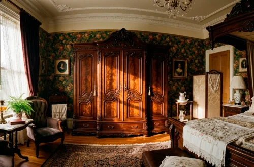 Large ornate dark mahogany wardrobe in a traditional Victorian bedroom