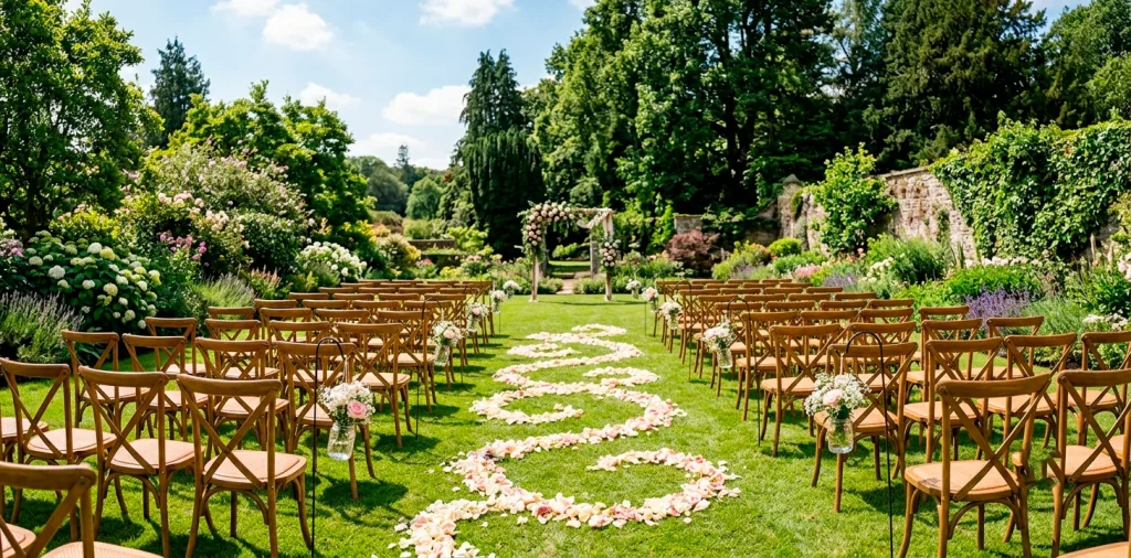 Beautiful outdoor wedding ceremony aisle decorated with simple and elegant floral arrangements