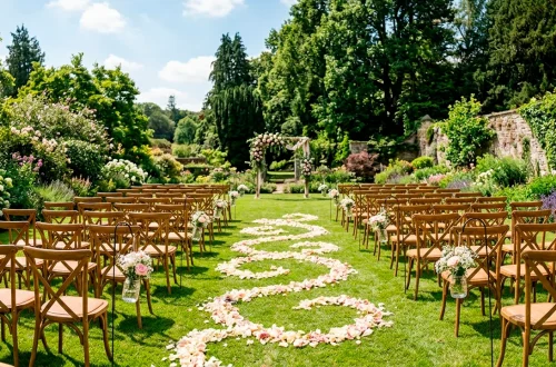 Beautiful outdoor wedding ceremony aisle decorated with simple and elegant floral arrangements