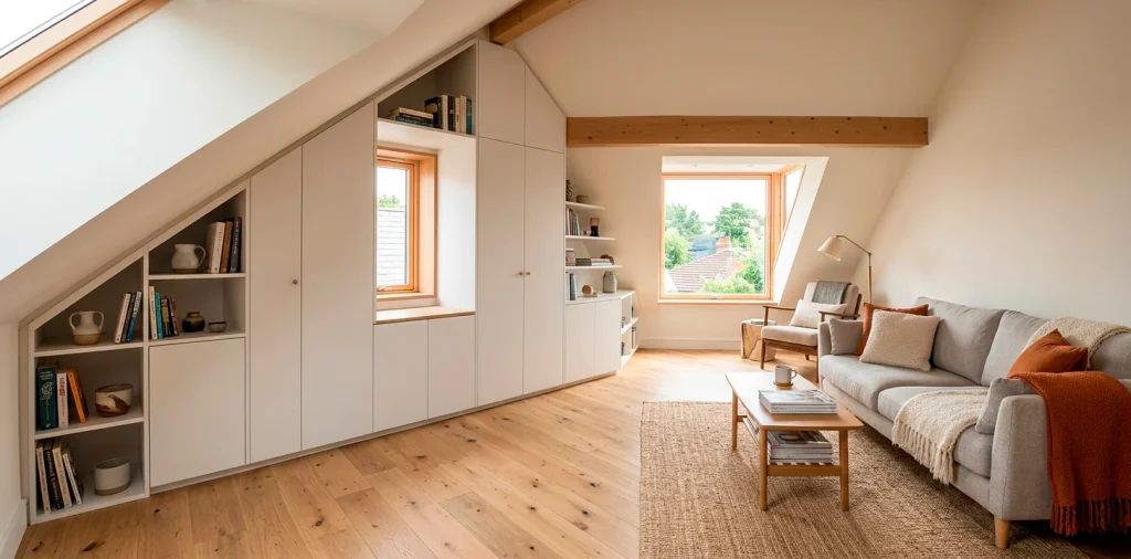 Beautifully renovated attic space featuring custom built-in white cabinets under sloped ceilings.