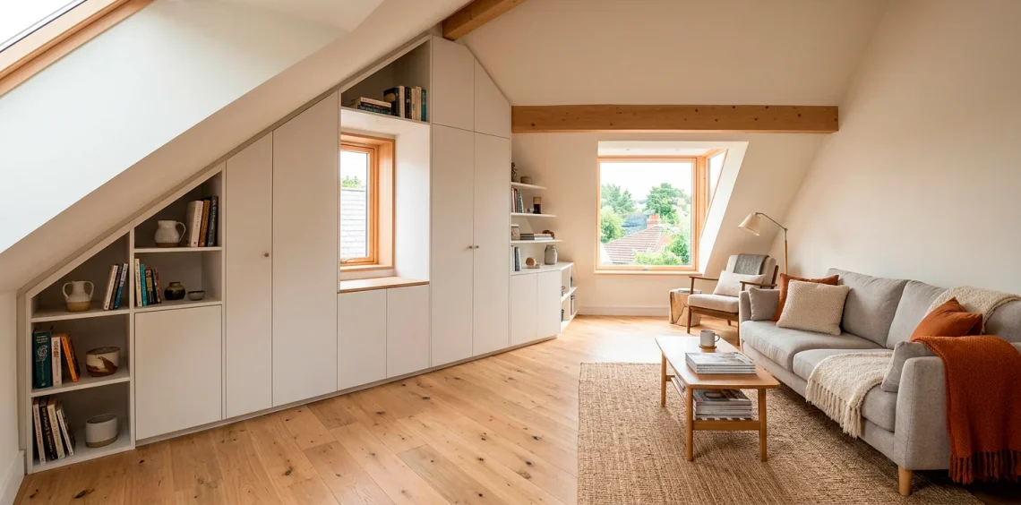 Beautifully renovated attic space featuring custom built-in white cabinets under sloped ceilings.