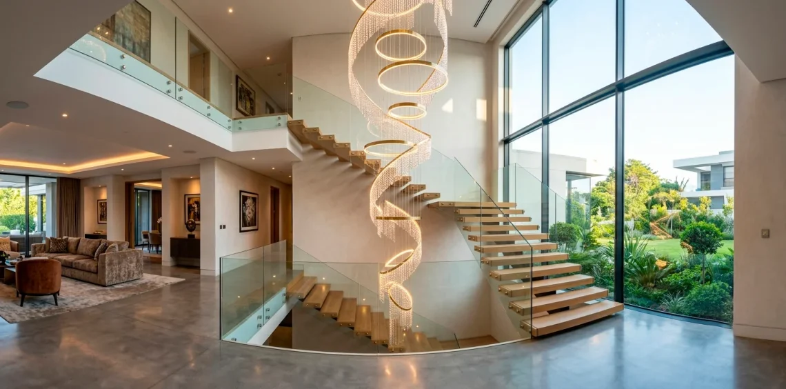 Luxury statement chandelier hanging in a modern double-height staircase void with glass railings and natural light.