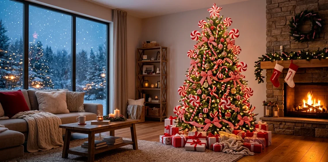 A beautifully decorated whimsical candy cane Christmas tree in a cozy modern living room for 2026