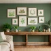 Cozy modern living room featuring subtle St. Patrick's Day watercolor prints on a sage green wall.