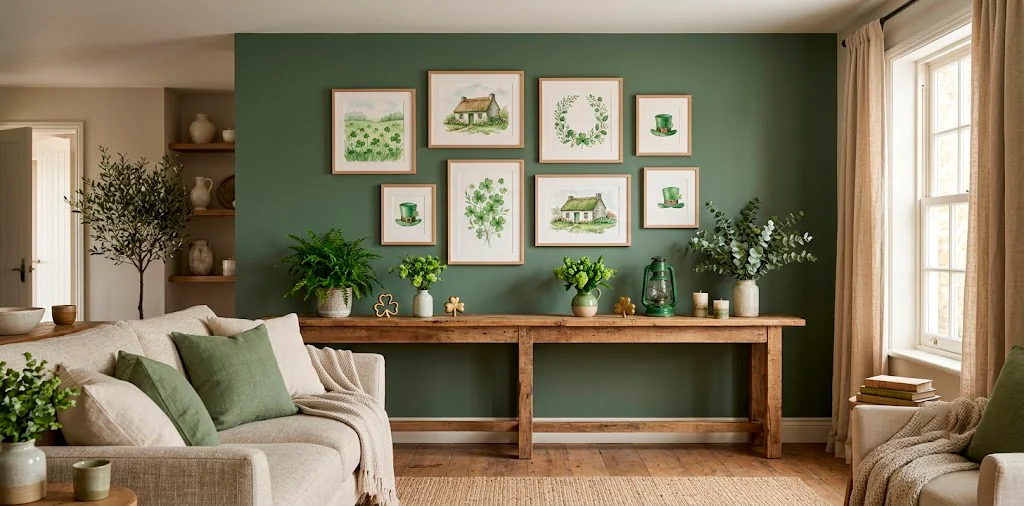 Cozy modern living room featuring subtle St. Patrick's Day watercolor prints on a sage green wall.