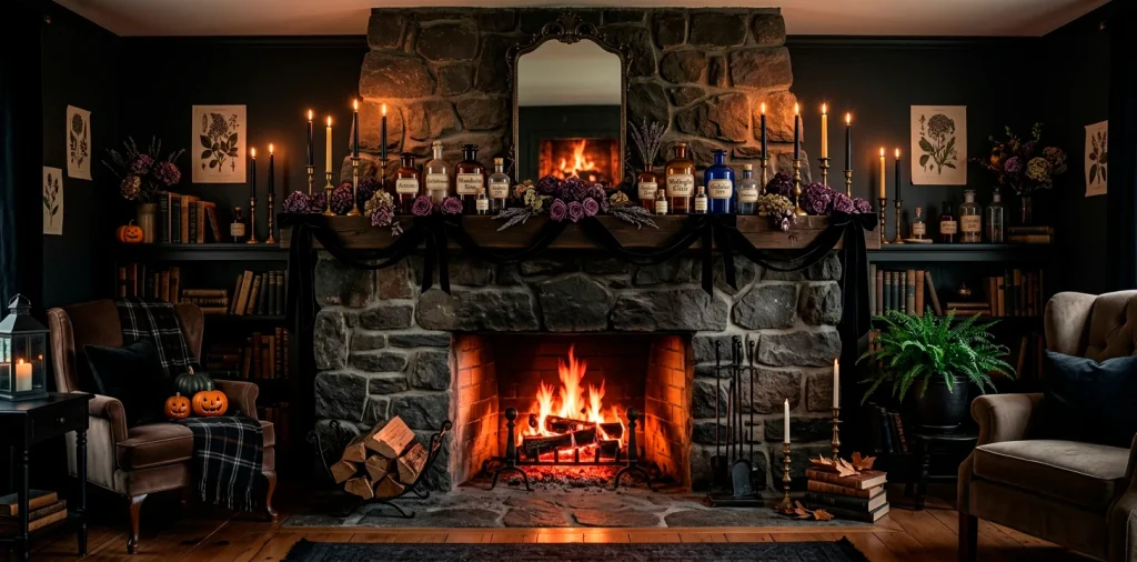 Moody Halloween fireplace decorated with witchy accents including black candles, apothecary bottles, and dried florals.