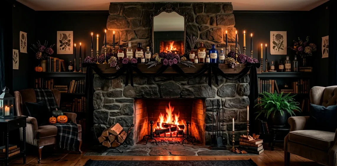 Moody Halloween fireplace decorated with witchy accents including black candles, apothecary bottles, and dried florals.