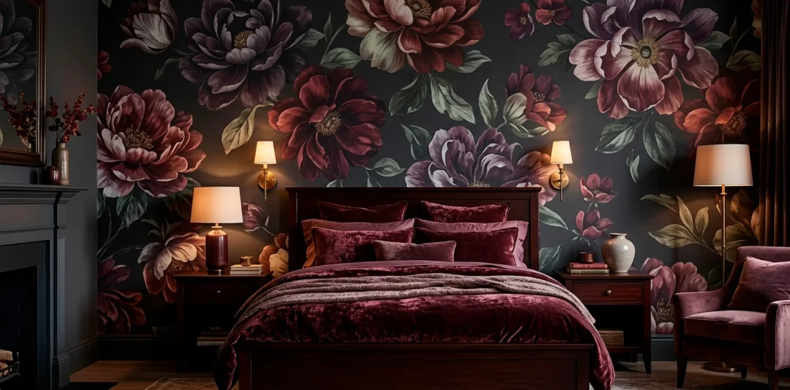 Luxurious moody bedroom featuring dark floral wallpaper and velvet bedding