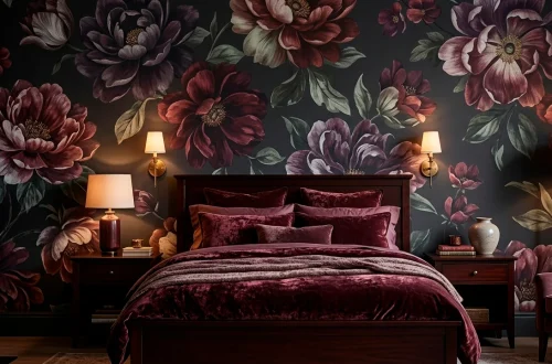 Luxurious moody bedroom featuring dark floral wallpaper and velvet bedding