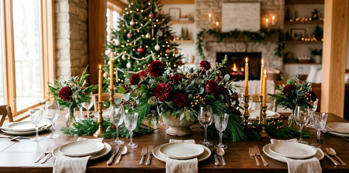 Wide horizontal banner of a DIY floral holiday decor centerpiece on a festive dining table.