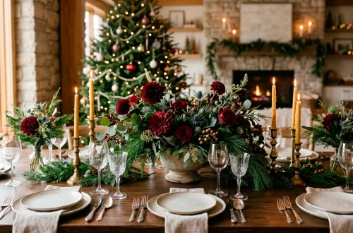 Wide horizontal banner of a DIY floral holiday decor centerpiece on a festive dining table.