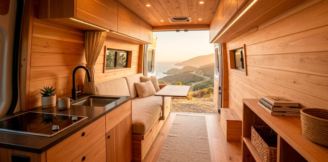 Clean and clutter-free interior of a luxury camper van showcasing clever minimalist storage solutions.
