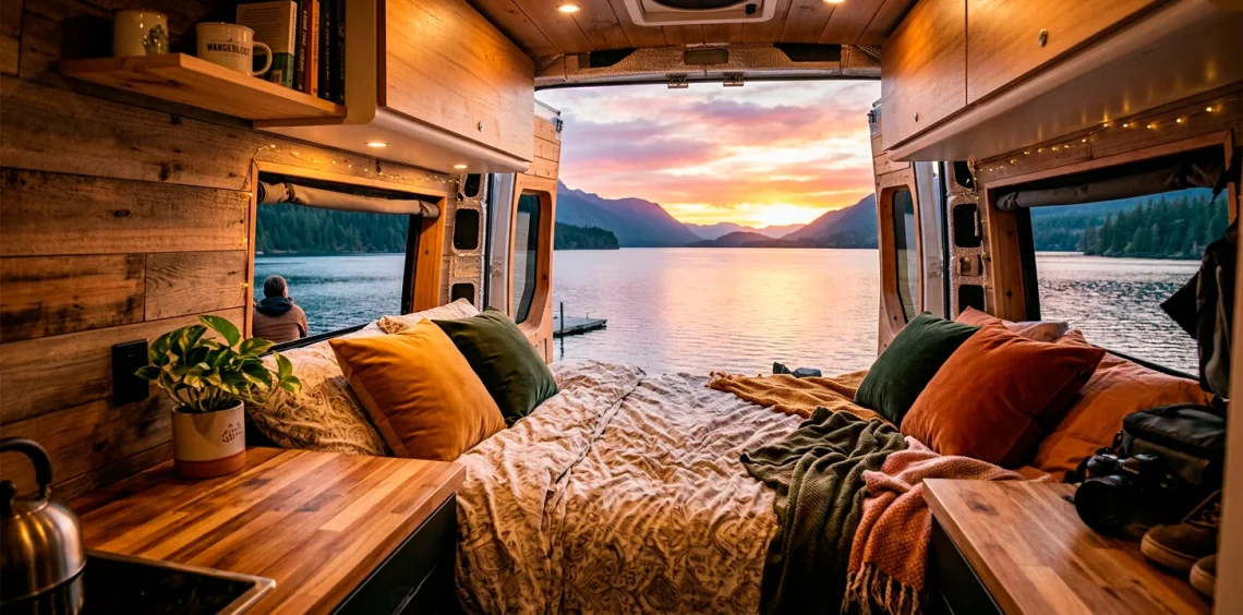 Beautifully styled modern camper van interior with cozy lighting and chic accessories
