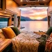 Beautifully styled modern camper van interior with cozy lighting and chic accessories