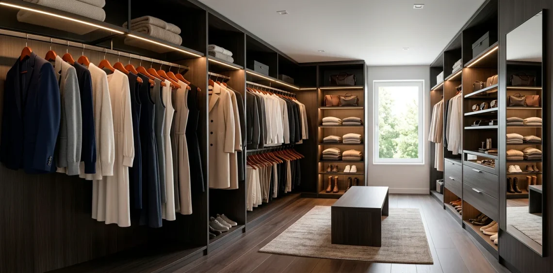 Organized walk-in closet showcasing a mix of velvet and wooden hangers holding a capsule wardrobe to save space.