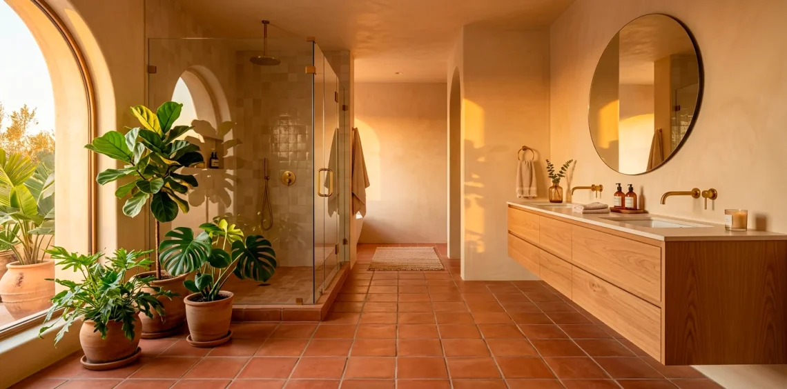 Wide view of a modern sun-baked terracotta bathroom featuring warm clay tiles, matte black fixtures, and lush green plants.