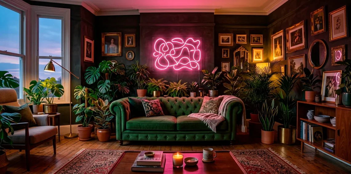 Eclectic living room featuring a pink neon sign above a green velvet sofa with vintage decor and lush plants.