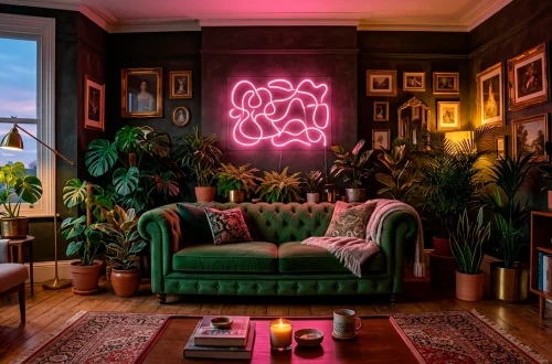 Eclectic living room featuring a pink neon sign above a green velvet sofa with vintage decor and lush plants.