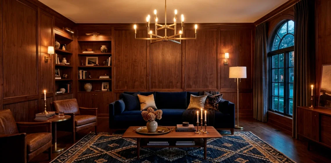 Luxurious moody living room with dark walnut paneled walls, navy velvet sofa, and brushed brass chandelier.