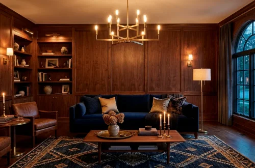 Luxurious moody living room with dark walnut paneled walls, navy velvet sofa, and brushed brass chandelier.