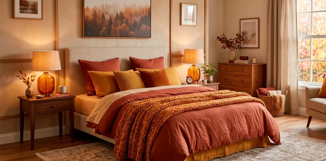 Cozy fall bedroom with layered bedding in warm autumn colors