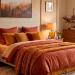 Cozy fall bedroom with layered bedding in warm autumn colors
