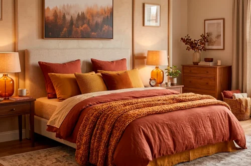 Cozy fall bedroom with layered bedding in warm autumn colors