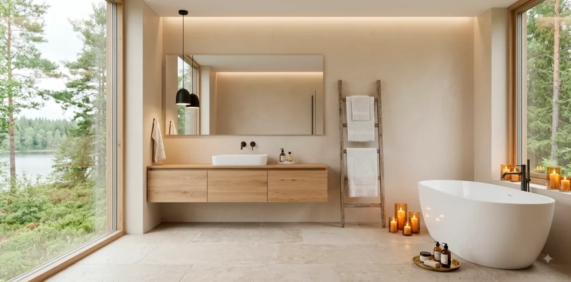 Cozy Scandinavian bathroom with a floating oak vanity and glowing candles