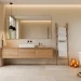 Cozy Scandinavian bathroom with a floating oak vanity and glowing candles