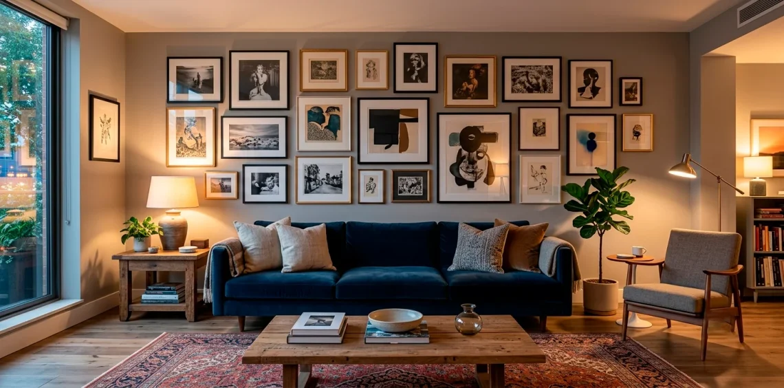 A beautifully styled living room featuring an eclectic gallery wall with mixed frames over a velvet sofa