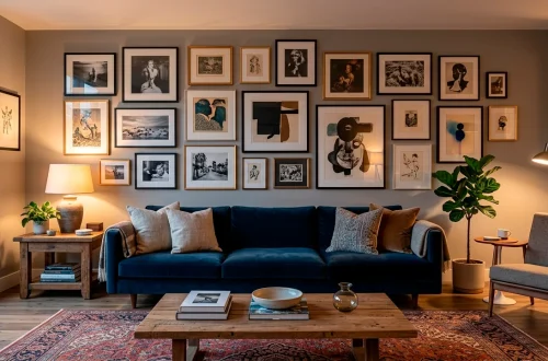 A beautifully styled living room featuring an eclectic gallery wall with mixed frames over a velvet sofa
