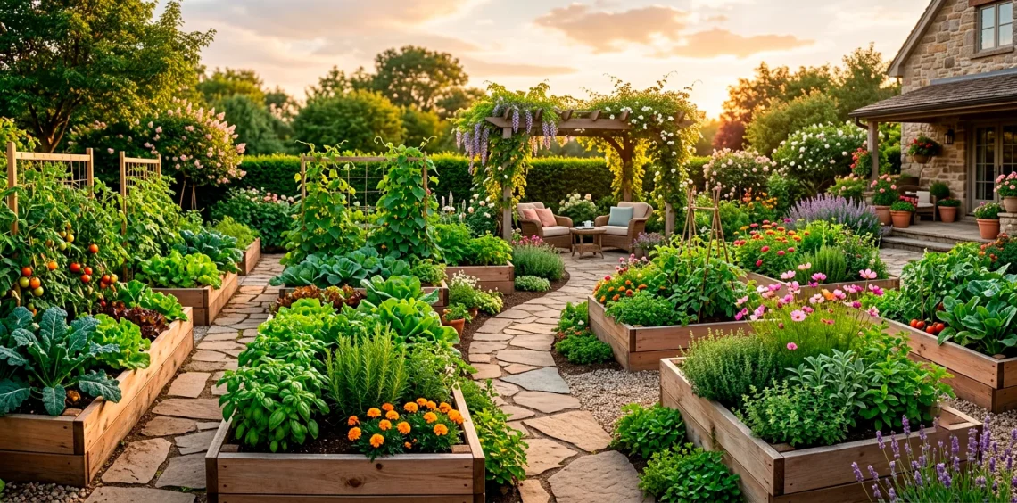 Beautifully designed cedar raised garden beds filled with lush vegetables in a sunny backyard