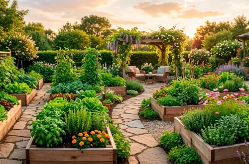 Beautifully designed cedar raised garden beds filled with lush vegetables in a sunny backyard