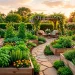 Beautifully designed cedar raised garden beds filled with lush vegetables in a sunny backyard