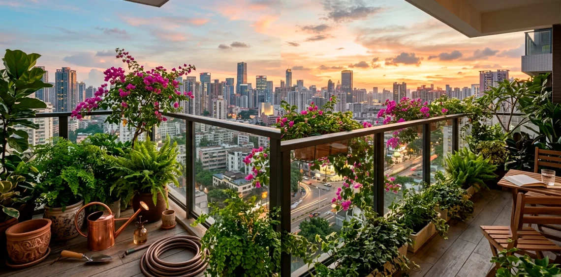 Panoramic view of a lush high-rise balcony garden with vibrant potted plants overlooking a city skyline at sunset