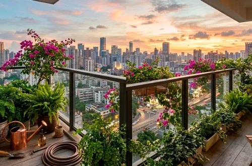 Panoramic view of a lush high-rise balcony garden with vibrant potted plants overlooking a city skyline at sunset